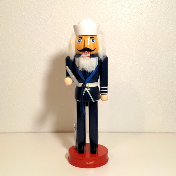 Nutcracker holiday Christmas gift wood U.S. Navy navy blue white military used - Picture 1 of 7